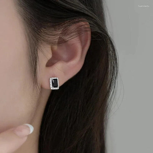 Baguette Cut 14K White Gold Plated Black Cubic Zirconia Men Women Stud Earrings